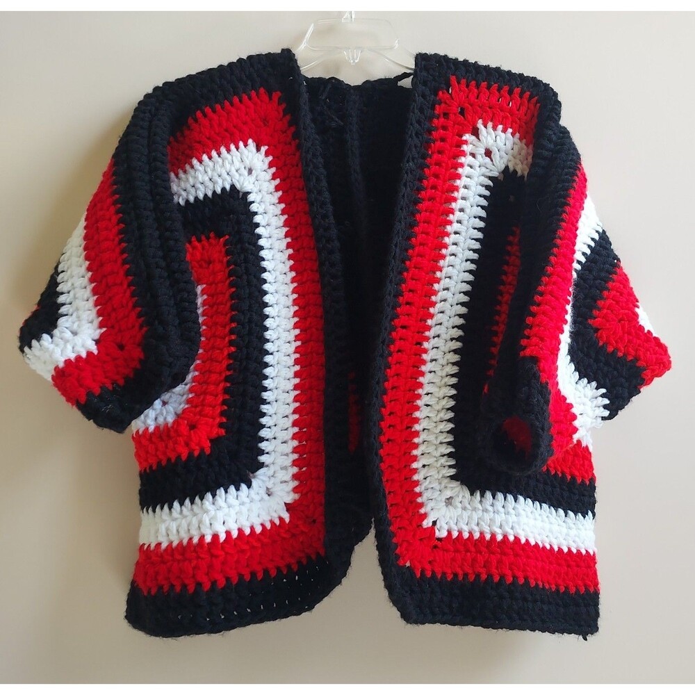 Homemade Hand Knit Red/White/Bk Graphic Heavy Cardigan Sweater 3/4 Sleeves Lg?
